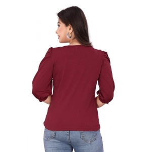 Generic Women's Casual Puff Sleeves Lycra Blend Asymmetric Neck Top (Maroon)