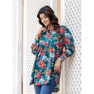 Generic Women's Cotton Printed Full Sleeve Mandarin collar Top (Sea Green)