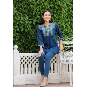 Generic Women's Cotton Embroidered 3/4 Sleeve V-Neck Top (Navy Blue)