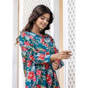 Generic Women's Cotton Printed Full Sleeve Mandarin collar Top (Sea Green)