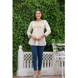 Generic Women's Cotton Embroidered 3/4 Sleeve V-Neck Top (Off White)