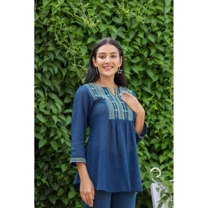 Generic Women's Cotton Embroidered 3/4 Sleeve V-Neck Top (Navy Blue)