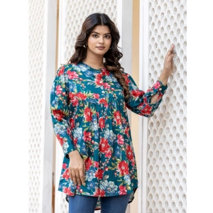 Generic Women's Cotton Printed Full Sleeve Mandarin collar Top (Sea Green)