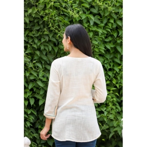 Generic Women's Cotton Embroidered 3/4 Sleeve V-Neck Top (Off White)