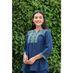 Generic Women's Cotton Embroidered 3/4 Sleeve V-Neck Top (Navy Blue)