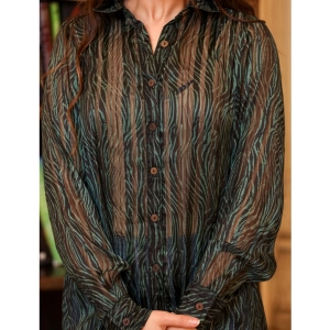 Generic Women's Chiffon Striped Full Sleeve Collared Shirt Top (Green)