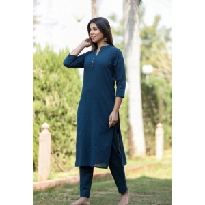 Generic Women's Cotton Solid 3/4 Sleeve Mandarin collar Kurti (Blue)