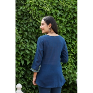 Generic Women's Cotton Embroidered 3/4 Sleeve V-Neck Top (Navy Blue)