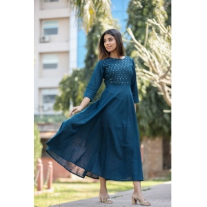 Generic Women's Cotton Solid 3/4 Sleeve Round Neck Kurti (Blue)