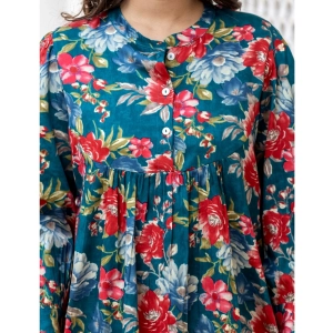 Generic Women's Cotton Printed Full Sleeve Mandarin collar Top (Sea Green)