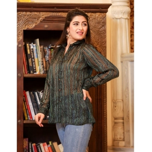 Generic Women's Chiffon Striped Full Sleeve Collared Shirt Top (Green)