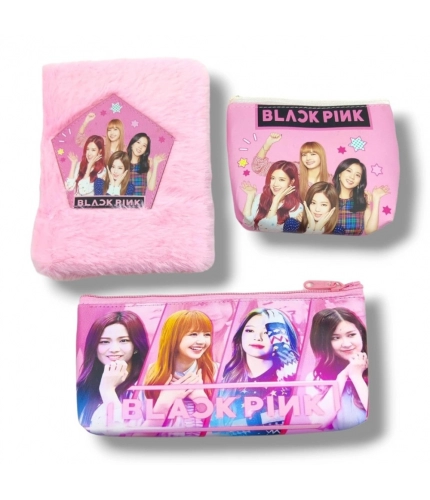 3 in 1 Black Pink BTS Stationery Set With 2 Pouchs And 1 Packet Dairy | Soft Furr | Stationery | 5+ Years
