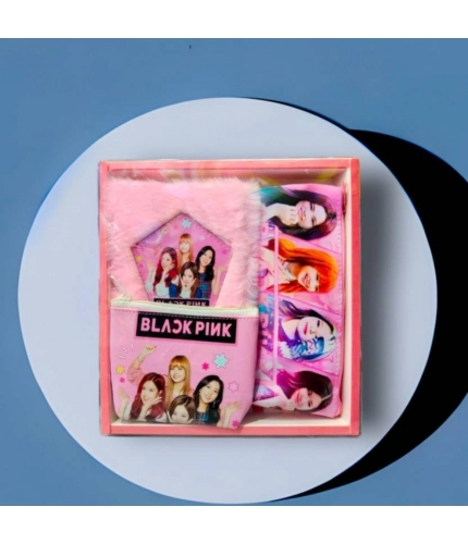 3 in 1 Black Pink BTS Stationery Set With 2 Pouchs And 1 Packet Dairy | Soft Furr | Stationery | 5+ Years 3 in 1 Black Pink BTS Stationery Set With 2 Pouchs And 1 Packet Dairy | Soft Furr | Stationery | 5+ Years
