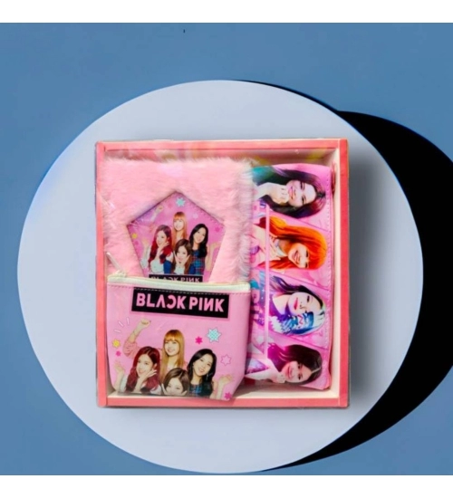 3 in 1 Black Pink BTS Stationery Set With 2 Pouchs And 1 Packet Dairy | Soft Furr | Stationery | 5+ Years