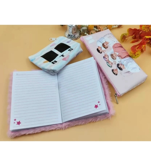 Prezzie Villa 3 in 1 Black Pink Stationery Set for Kids in Multicolor 2 Pouches and 1 Pocket Diary Set | Soft Furr | Stationery | 5+ Years