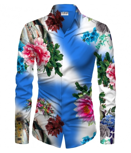 Men's Casual Floral Printed Cotton Blend Unstitched Shirt Fabric 1.6 Mtrs (Blue)