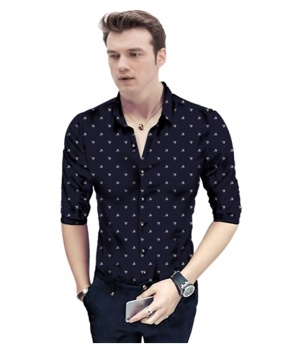Men's Casual Floral Printed Cotton Blend Unstitched Shirt Fabric 1.6 Mtrs (Dark Blue)