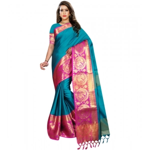 Generic Women's Jacquard Woven Saree With Unstitched Blouse 5.5Mtr (Dark Green)