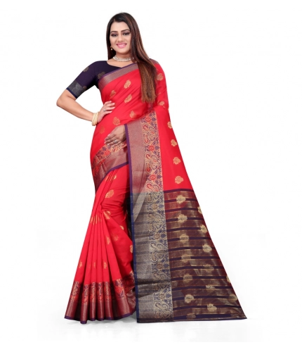 Women's Silk Blend Woven Saree With Unstitched Blouse 5.5Mtr (Red)