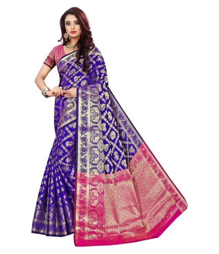 Women's Jacquard Woven Saree With Unstitched Blouse 5.5Mtr (Blue)