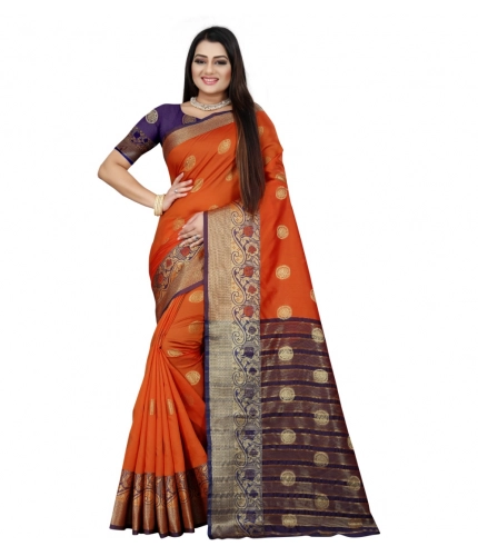 Women's Silk Blend Woven Saree With Unstitched Blouse 5.5Mtr (Blue-Orange)