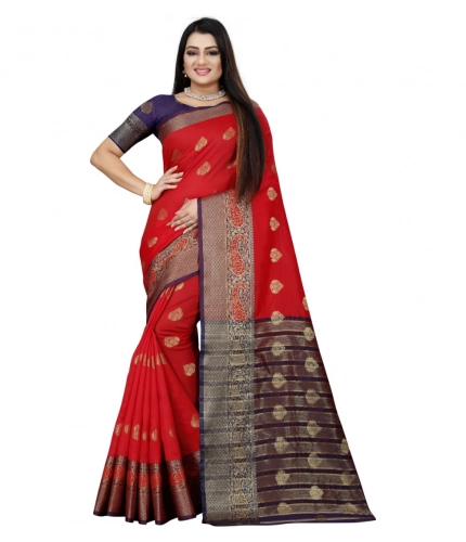 Women's Silk Blend Woven Saree With Unstitched Blouse 5.5Mtr (Purple-Red)