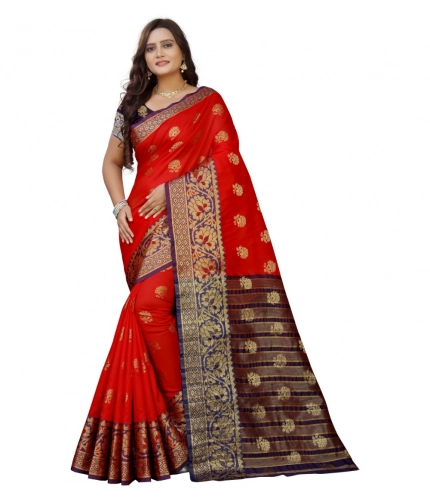 Women's Silk Blend Woven Saree With Unstitched Blouse 5.5Mtr (Purple-Red)