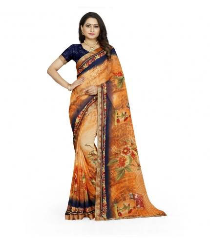 Women's Georgette Floral Print Saree With Unstitched Blouse 5.5Mtr (Blue-Orange)