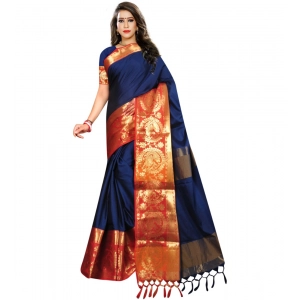 Generic Women's Jacquard Woven Saree With Unstitched Blouse 5.5Mtr (Dark Blue)