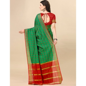 Generic Women's Cotton Silk Checkered Saree With Unstitched Blouse 5.5Mtr (Dark Green)