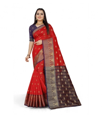 Women's Jacquard Woven Saree With Unstitched Blouse 5.5Mtr (Red)