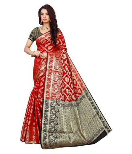Women's Jacquard Woven Saree With Unstitched Blouse 5.5Mtr (Red)