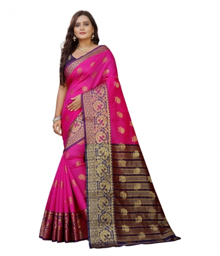 Women's Silk Blend Woven Saree With Unstitched Blouse 5.5Mtr (Pink-Beige)