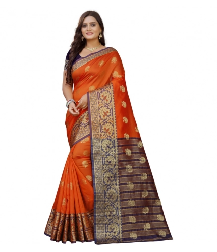 Women's Silk Blend Woven Saree With Unstitched Blouse 5.5Mtr (Gold-Orange)