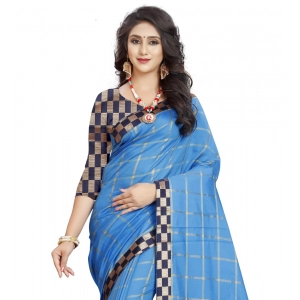 Generic Women's Cotton Silk Checkered Saree With Unstitched Blouse 5.5Mtr (Light Blue)