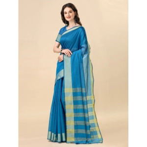 Generic Women's Cotton Silk Striped Saree With Unstitched Blouse 5.5Mtr (Light Blue)