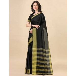 Generic Women's Cotton Silk Striped Saree With Unstitched Blouse 5.5Mtr (Black)