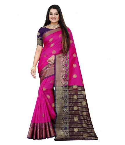 Women's Silk Blend Woven Saree With Unstitched Blouse 5.5Mtr (Blue-Pink)