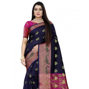 Generic Women's Silk Blend Woven Saree With Unstitched Blouse 5.5Mtr (Dark Blue-Pink)