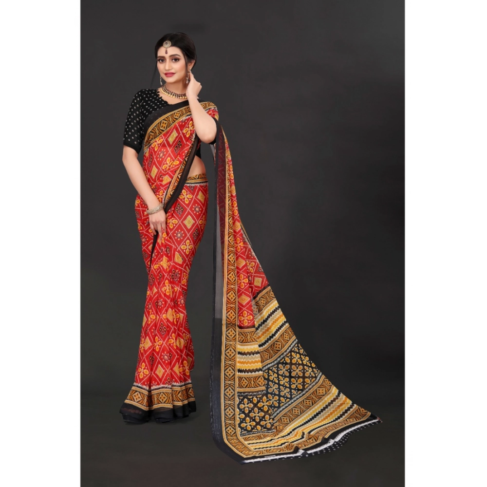 Women's Georgette Floral Print Saree With Unstitched Blouse 5.5Mtr (Red) Women's Georgette Floral Print Saree With Unstitched Blouse 5.5Mtr (Red)