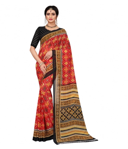 Women's Georgette Floral Print Saree With Unstitched Blouse 5.5Mtr (Red)