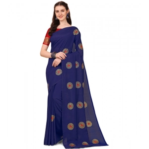 Generic Women's Silk Blend Embroidered Saree With Unstitched Blouse 5.5Mtr (Blue)