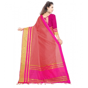 Generic Women's Jacquard Striped Saree With Unstitched Blouse 5.5Mtr (Pink)