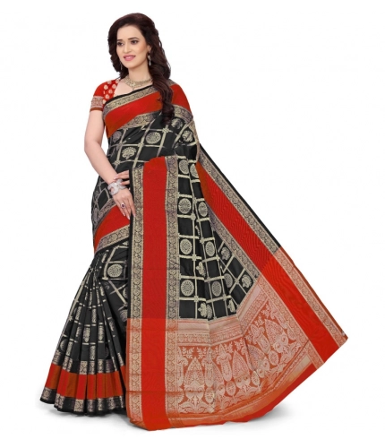 Women's Jacquard Woven Saree With Unstitched Blouse 5.5Mtr (Red-Black)