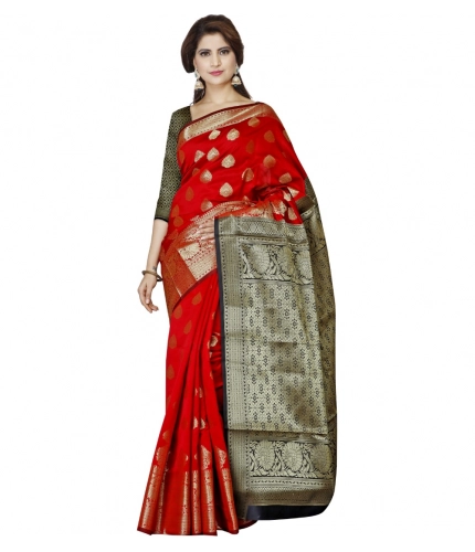 Women's Jacquard Woven Saree With Unstitched Blouse 5.5Mtr (Red)