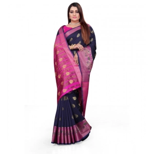 Generic Women's Silk Blend Woven Saree With Unstitched Blouse 5.5Mtr (Dark Blue)