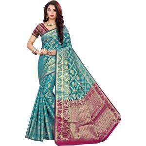 Generic Women's Jacquard Woven Saree With Unstitched Blouse 5.5Mtr (Light Blue)