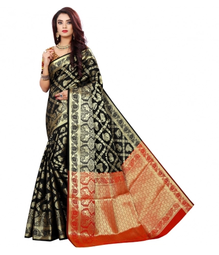 Women's Jacquard Woven Saree With Unstitched Blouse 5.5Mtr (Black)