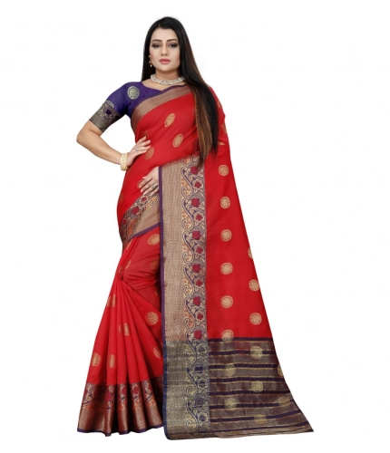 Women's Silk Blend Woven Saree With Unstitched Blouse 5.5Mtr (Red-Blue)