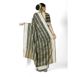 Generic Women's Cotton Silk Striped Saree With Unstitched Blouse 5.5Mtr (Green)